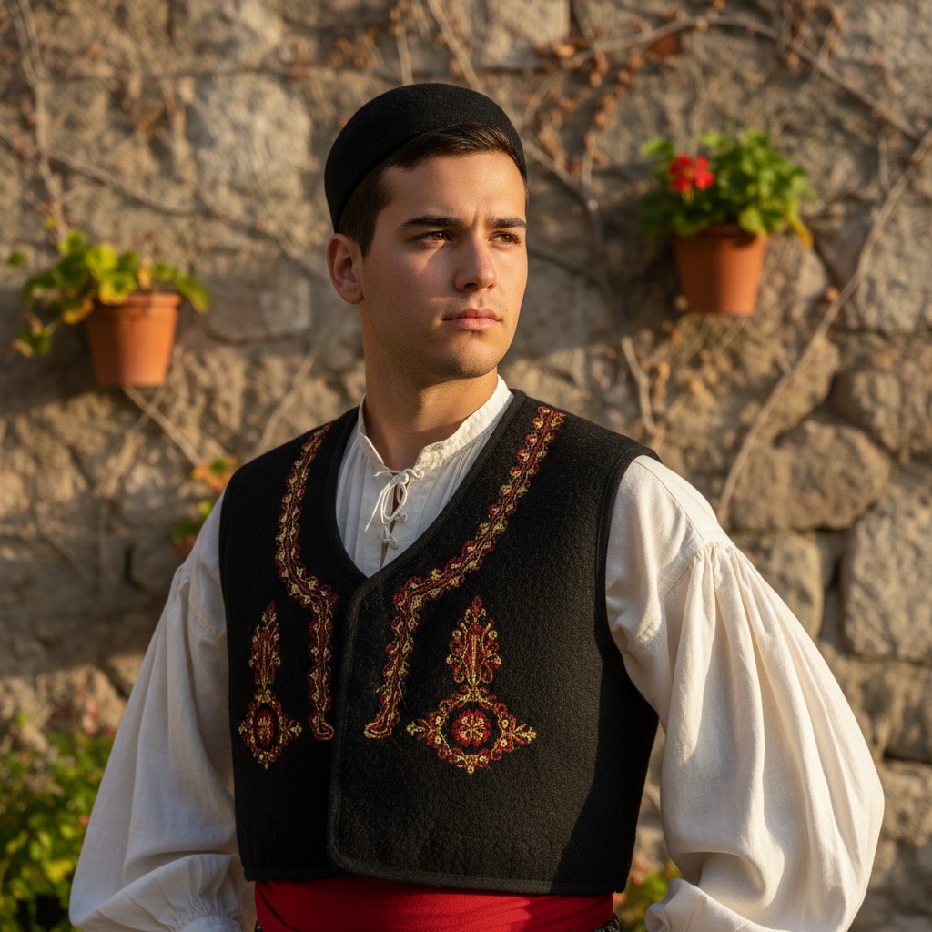 Un giovane uomo indossa un abito tradizionale con gilet nero ricamato e camicia bianca davanti a un muro di pietra con vasi di fiori.