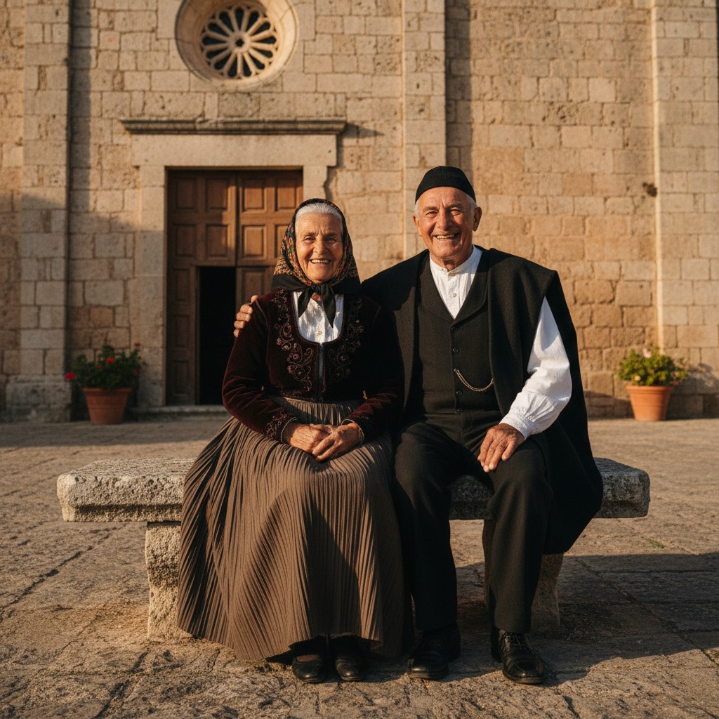 Una coppia di anziani in abiti tradizionali sardi siede sorridente su una panca di pietra davanti a una chiesa in pietra.