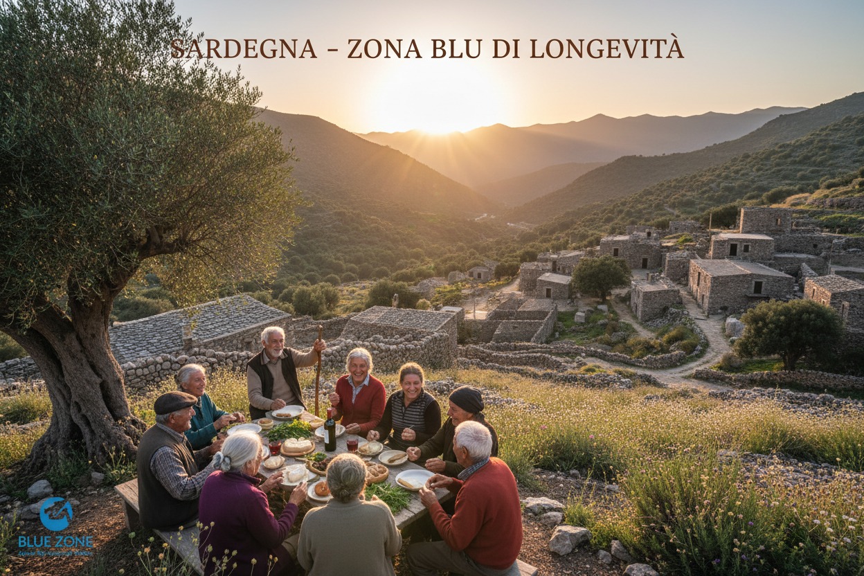 Un gruppo di anziani pranza all'aperto sotto un ulivo con vista su un antico borgo di pietra in Sardegna al tramonto.