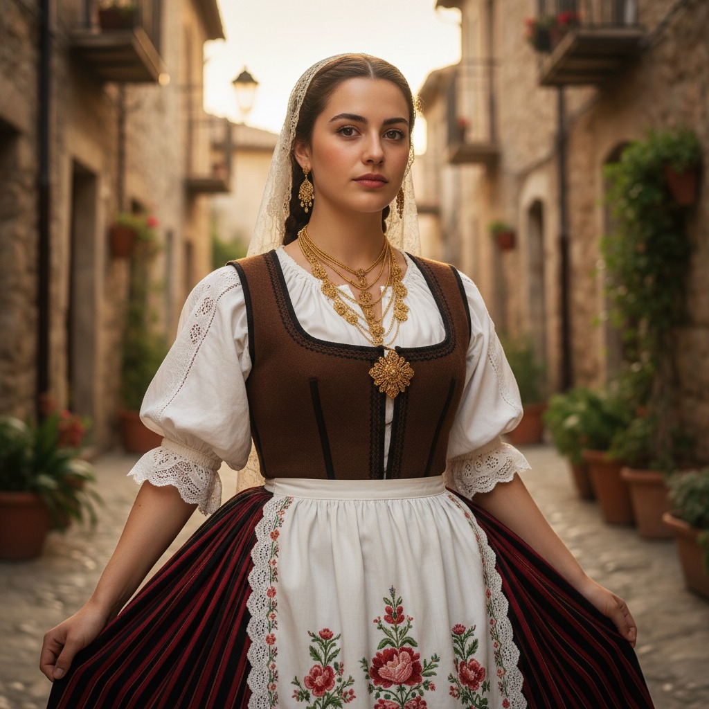 Una giovane donna indossa un tradizionale abito folcloristico italiano con corpetto marrone, camicetta bianca ricamata e gonna a righe, posando in un vicolo di un borgo antico.